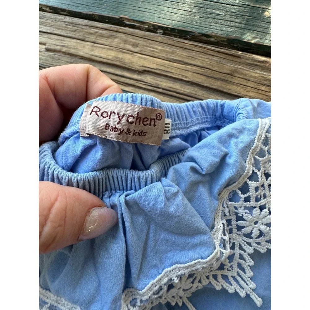 Rorychen Baby Blue Lace Trim Bubble Romper Sunsuit Size 80 Snaps Summer Boho